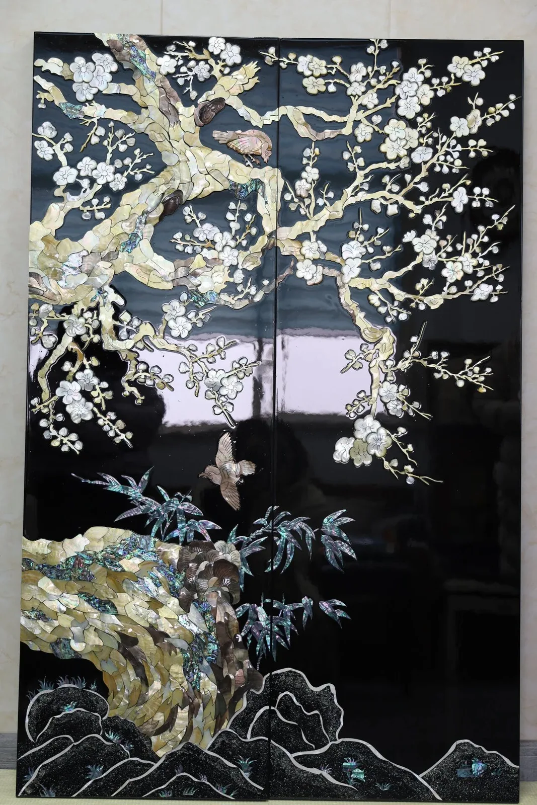 Large luodian panel with plum and bird motif